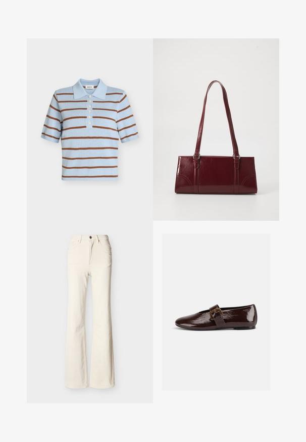 Polo en maille bleu clair avec des rayures horizontales marron, manches courtes, col et six boutons blancs sur la patte de boutonnage avant.; Jean taille haute couleur blanc cassé avec bouton à l'avant, fermeture éclair, poches avant et arrière, et coupe légèrement évasée au niveau des jambes.; Chaussure plate en cuir verni marron foncé avec une large bride à boucle dorée et un bout arrondi, présentée de profil sur fond blanc.; Sac à main bordeaux en matériau brillant, de forme rectangulaire, avec deux anses et des accents légèrement courbés à l'avant.