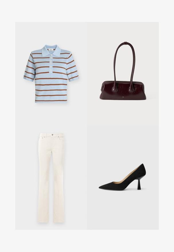 Polo en maille bleu clair avec des rayures horizontales marron, manches courtes, col et six boutons blancs sur la patte de boutonnage avant.; Jean blanc à jambes droites avec bouton avant et poches, présenté sur un fond blanc uni.; Pompe à talons hauts en suède noir avec un bout pointu, dotée d'un talon bloc noir brillant et d'une doublure intérieure lisse.; Sac à main en cuir brun foncé brillant avec de longues anses fines et une base rectangulaire structurée sur un fond clair uni.