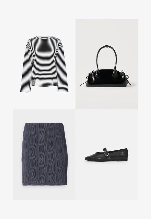 Chemise à manches longues rayée noir et blanc avec un col rond. Tissu doux, coupe décontractée et accents de col contrastants.; Mini jupe moulante gris foncé avec un motif texturé en vagues et une finition lisse. Conçue avec un ourlet simple et droit.; Chaussure plate en cuir noir avec un bout arrondi, une seule sangle réglable à boucle et une texture lisse et brillante. Design minimaliste avec un petit talon.; Petit sac à main noir brillant avec deux longues anses et des détails à cordon sur les côtés sur un fond clair uni.