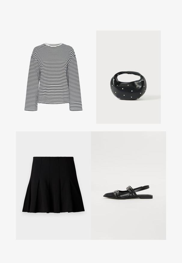 Chemise à manches longues rayée noir et blanc avec un col rond. Tissu doux, coupe décontractée et accents de col contrastants.; Jupe noire courte plissée en tissu lisse. Dispose d'une taille élastique et d'une silhouette évasée qui s'étend jusqu'au milieu de la cuisse.; Even&Odd Ballerines à brides arrière - black; Sac à main en cuir noir de forme arrondie, décoré de clous argentés et équipé d'une poignée courte. Texture lisse et fermeture éclair.