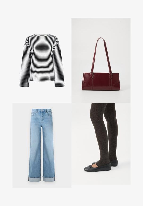 Chemise à manches longues rayée noir et blanc avec un col rond. Tissu doux, coupe décontractée et accents de col contrastants.; Jean large bleu clair en denim classique avec une taille haute, présentant des ourlets retroussés et des coutures visibles.; Jambes portant des leggings côtelés foncés associés à des ballerines noires avec de petits détails en nœud sur fond blanc.; Sac à main bordeaux en matériau brillant, de forme rectangulaire, avec deux anses et des accents légèrement courbés à l'avant.