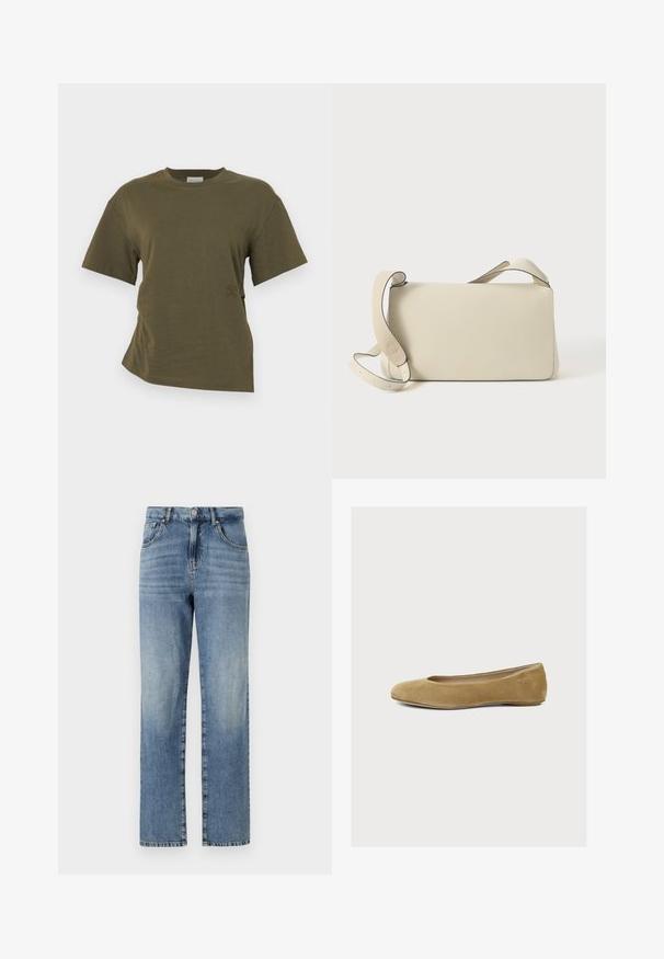 CLOSED DRAPED - T-shirt basique - forest green; Jeans en denim bleu clair avec une coupe droite, comportant cinq poches, une fermeture à bouton et à glissière, et un léger délavage sur le tissu.; Ballerine plate en daim beige avec bout arrondi et petit talon, design simple et logo embossé discret près du talon.; Sac à bandoulière en cuir couleur crème avec sangle réglable et fermoir à rabat, posé sur un fond blanc uni.