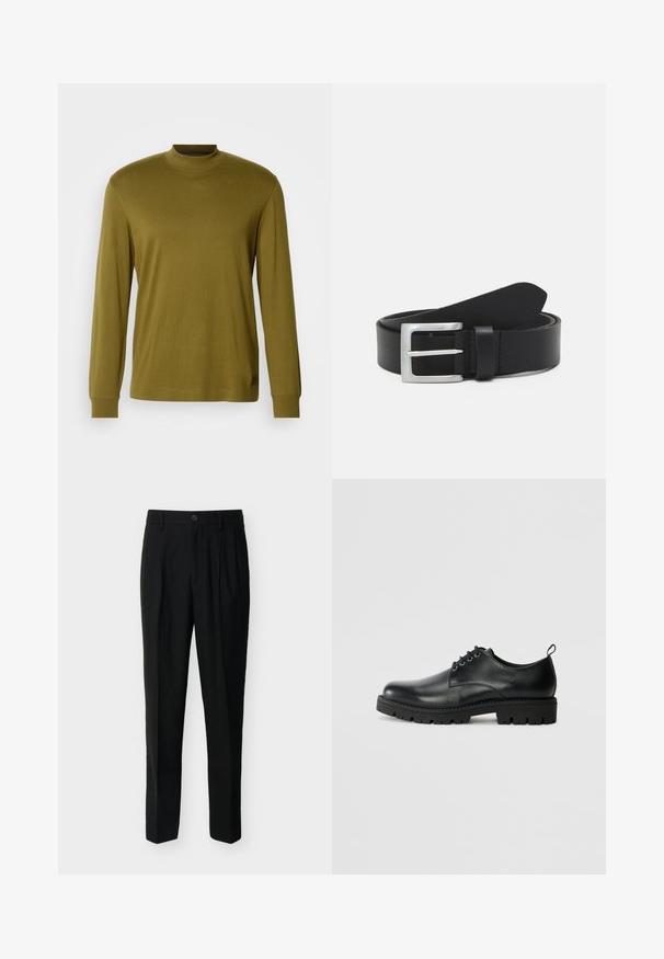 Olivengrünes Langarm-Turtleneck-Shirt aus weicher Stoff, mit taillierter Passform und geripptem Kragen sowie Ärmeln.; Schwarze, hoch taillierte, maßgeschneiderte Hose mit Gürtelschlaufen, vorderen Falten, Seitentaschen sowie Knopf- und Reißverschluss.; Schwarze Lederschuhe mit runder Zehenform, ausgestattet mit einer Schnürung, robustem schwarzen Gummisohle und einer kleinen Fersenschlaufe auf der Rückseite.; Schwarzer Leder Gürtel mit glatter Textur, silberner rechteckiger Schnalle und einer Schlaufe für das Ende. Verfügt über eine saubere Naht entlang der Kanten.