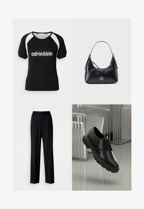 Sort strikket kortærmet top med hvide raglanærmer. Har "calvinklein" tekst i hvidt over brystet. Rund halsudskæring. Blød tekstur.; Sorte skræddersyede bukser med høj talje, plisseringer og en vid benform. Fremstillet af glat stof med fladt foran og bæltestropper.; Sorte lædersko med rund tå, tyk gummisål og dekorative snørebånd med præget branding på siden.; Sort læder skuldertaske med et enkelt håndtag, lynlåslukning og et lille kvadratisk sølvlogo på forsiden.