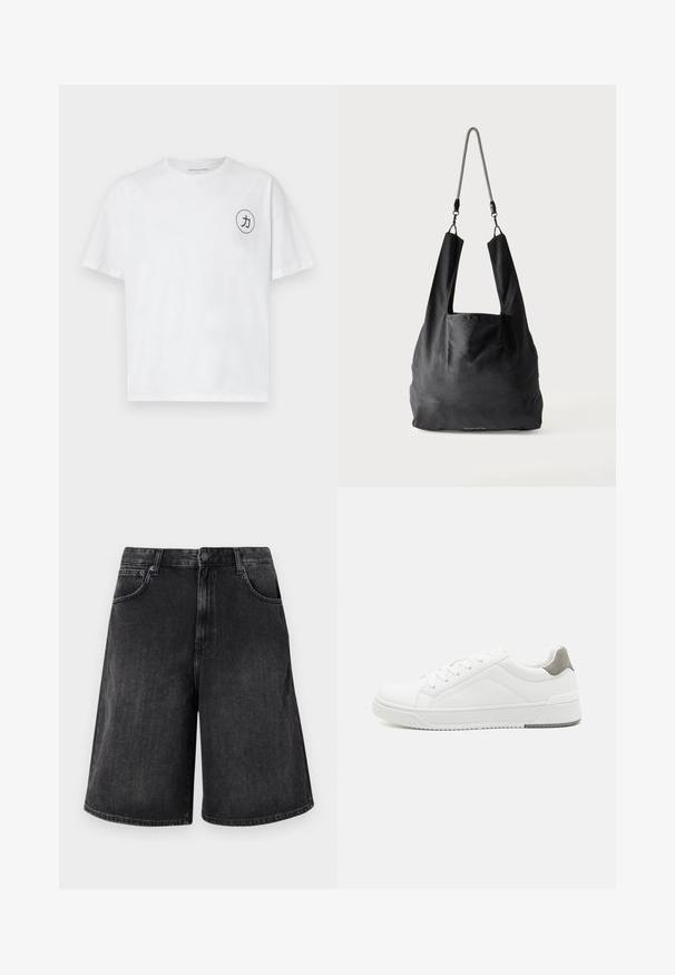 Witte katoenen t-shirt met een ronde hals, korte mouwen en een cirkelvormige zwarte grafiek met een karakter op de linkerborst.; Zwarte denim shorts met een brede, rechte snit, voorzien van een knoopsluiting aan de voorkant en vijf zakken. Zachte textuur met een vervaagd uiterlijk.; Witte sneaker van glad leer met een ronde neus, minimalistisch ontwerp, grijze hielaccent en een geplaatste rubberen zool.; Zwart zachte stoffen draagtas met brede handvatten en een dunne zwart-witte gevlochten schouderriem.