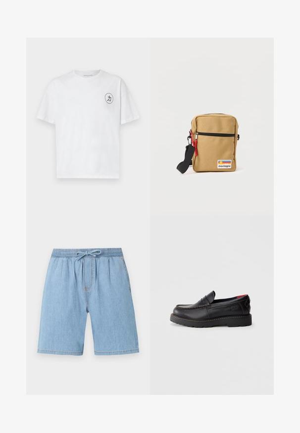 Hvid bomulds t-shirt med rund halsudskæring, korte ærmer og et cirkulært sort grafisk motiv med en karakter på venstre bryst.; Lyseblå denim shorts med elastisk talje, snøre lukning, plisseringer foran og lige ben.; Sorte læderslippersko med mokkastoftning, gummisål og en struktureret overflade. Har subtil branding på siden.; Lille lysebrun crossbody taske med sort lynlås, røde lynlåstræk, justerbar sort rem og farverig "montagne" patch på fronten.