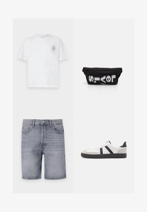 Weißes Baumwoll-T-Shirt mit Rundhalsausschnitt, kurzen Ärmeln und einem runden schwarzen Grafikdesign mit einer Figur auf der linken Brustseite.; Hellgraue Denim-Shorts mit klassischem Schnitt, fünf Taschen, Knopfverschluss und leicht verblichenem Material.; Weiße Sneaker mit schwarz- und grau-aczenten, ausgestattet mit einer strukturierten grauen Zehenkappe, schwarzer Gummi-Sohle und flachen weißen Schnürsenkeln. Sauberes Design, minimalistische Stil.; Schwarze Stofftasche mit flacher Form, mit fettgedrucktem weißen Text. Der Reißverschluss befindet sich oben, mit einer Schlaufe an einer Seite.