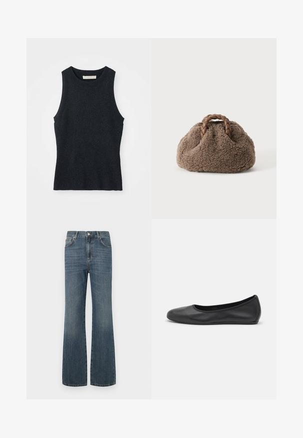 Débardeur en tricot gris foncé sans manches avec col rond, posé à plat sur un fond blanc.; Jeans en denim bleu foncé avec taille haute, jambes évasées et cinq poches. Dispose d'une fermeture par bouton et zip à l'avant. Texture lisse.; Ballerines en cuir noir avec un bout rond, texture lisse, détails de couture minimalistes et design de semelle flexible.; Petit sac à main marron duveteux avec des poignées en cuir tressé sur un fond uni clair.