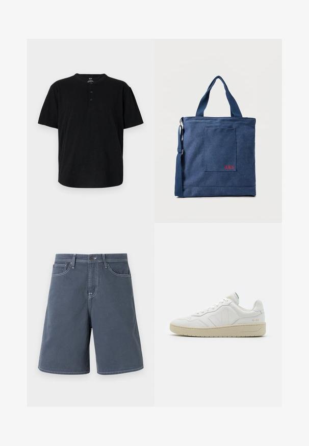 Camiseta negra de manga corta con cuello redondo, tapeta de tres botones y un corte holgado. Fabricada con un tejido suave y texturizado.; Pantalones cortos azul oscuro de algodón con costuras blancas, cinco bolsillos y un cierre de botón en la cintura. Diseño de pierna recta, con un detalle mínimo.; Zapatillas blancas de cuero con un acabado texturizado y cuello acolchado. Cuentan con una suela de goma beige y un sutil logotipo en el talón y el lado.; Bolso tote de lona azul con bolsillo frontal y bordado rojo "O.N.S", con asas dobles y una correa ajustable para el hombro.