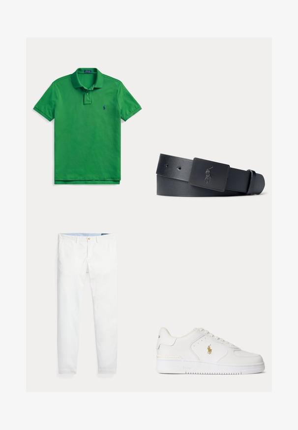Polo verde de manga corta con cuello y dos botones, con un pequeño logo bordado en azul marino en el pecho izquierdo.; Pantalones chinos de algodón blanco con un corte ajustado, que cuentan con un cierre de un solo botón dorado y una cinturilla interior azul claro. Textura lisa sin estampados.; Zapatilla blanca de piel de corte bajo con cordones blancos y un logo dorado de Polo Ralph Lauren en el lateral y "Polo" grabado en la suela.; Cinturón de cuero negro con una hebilla rectangular negra que presenta un logotipo de jugador de polo en relieve.