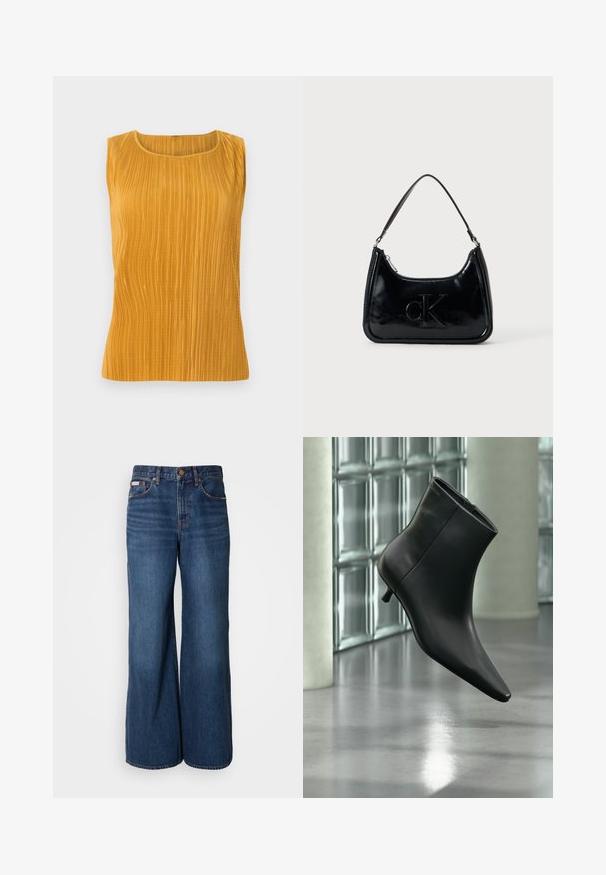 Sennepsgul ærmeløs top med lodrette plisseer, rund halsudskæring og en glat struktur. Simpelt design uden yderligere udsmykninger.; Bredde jeans lavet af mørkeblåt denim. Funktioner inkluderer en høj talje, fem lommer og kontrasterende orange syninger langs sømmene.; Sort læderankelstøvle med spids tå og lav kitten-hæ, vist vinklet mod en poleret gulv- og glasblokvæg.; Sort patentlæder håndtaske med et buet topgreb, lynlåsslukning og prægede "cK" logo på fronten. Glat tekstur, struktureret form.