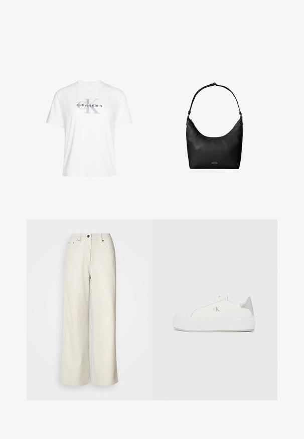 Wit katoenen T-shirt met korte mouwen, voorzien van een grijs gedrukt "Calvin Klein" logo en een opvallend "K" ontwerp in het midden.; Crème wijde benen broek van gladde stof. Heeft een mid-rise taille, ritssluiting en twee voorzakken met zwarte hardware accenten.; Witte canvas sneakers met een dikke witte zool, voorzien van een metallic zilveren accent op de hiel en een subtiel logo detail aan de zijkant.; Zwarte gestructureerde leren schoudertas met een enkele riem en een klein Calvin Klein-logo aan de voorkant in het midden.