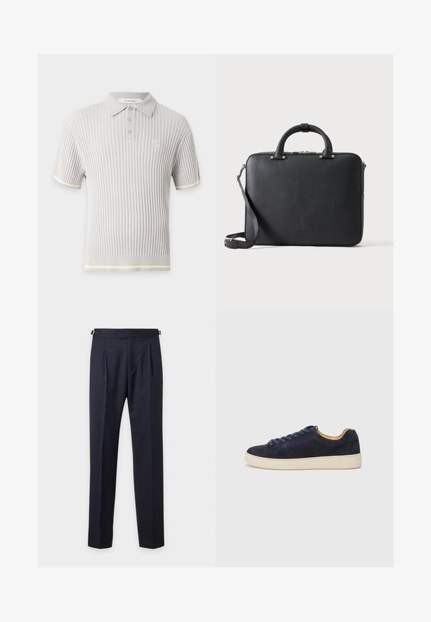Polo gris clair côtelé à manches courtes avec trois boutons, col texturé et logo discret sur la poitrine.; Pantalon habillé bleu marine cintré avec plis, pattes latérales ajustables et coupe droite slim sur un fond clair uni.; Baskets basses en suede bleu marine avec bout arrondi, semelle en caoutchouc blanc cassé et lacets assortis ; dotées d'une doublure intérieure contrastante couleur tan.; Mallette en cuir noir texturé avec double poignée, bandoulière amovible et fermeture éclair supérieure sur un fond clair uni.