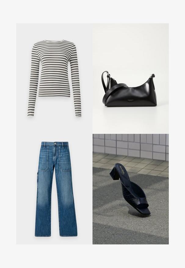 Langemouwige top in olijfgroen met witte strepen. Ribbelstructuur, ronde halslijn en aangesloten pasvorm. Geen zichtbare hardware of accenten.; Denim wijde pijpen jeans in medium blauw. Voorzien van een hoge taille, voorzakken en een rechte snit. Heeft een vervaagde textuur en minimale stiksels.; Zwarte mule-sandaal met krokodillenpatroon, vierkante neus en blokhak, rustend op een gestructureerde ondergrond nabij een betegelde muur.; Zwarte leren handtas met een gladde textuur. Beschikt over een verstelbare schouderband en een strak, minimalistisch ontwerp met een ritssluiting.