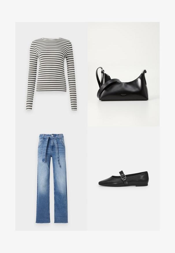 Langemouwige top in olijfgroen met witte strepen. Ribbelstructuur, ronde halslijn en aangesloten pasvorm. Geen zichtbare hardware of accenten.; Lichtblauwe denim high-waisted broek met een wijdégi ontwerp, voorzien van een strikriem in de taille en een vervaagde wasafwerking.; Zwarte leren platte schoen met een ronde neus, een enkele verstelbare gespsluiting en een gladde, glanzende textuur. Minimalistisch ontwerp met een lage hak.; Zwarte leren handtas met een gladde textuur. Beschikt over een verstelbare schouderband en een strak, minimalistisch ontwerp met een ritssluiting.
