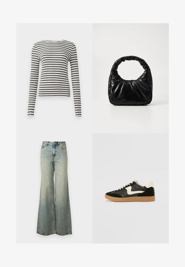 Langemouwige top in olijfgroen met witte strepen. Ribbelstructuur, ronde halslijn en aangesloten pasvorm. Geen zichtbare hardware of accenten.; lichtblauwe wijde jeans van denim, met een hoge taille, vervaagde wassing en zijzakken met zichtbare stiksels.; Zwarte suède en leren sneaker met een crèmekleurige zij-swoosh en lichte crèmekleurige hiel. Voorzien van beige veters en een gumrubberen zool.; Zwarte gevoerde handtas met een ronde handgreep, met een gladde, glanzende oppervlakte en een zachte, gewatteerde textuur. Geen zichtbare metalen onderdelen of accenten.