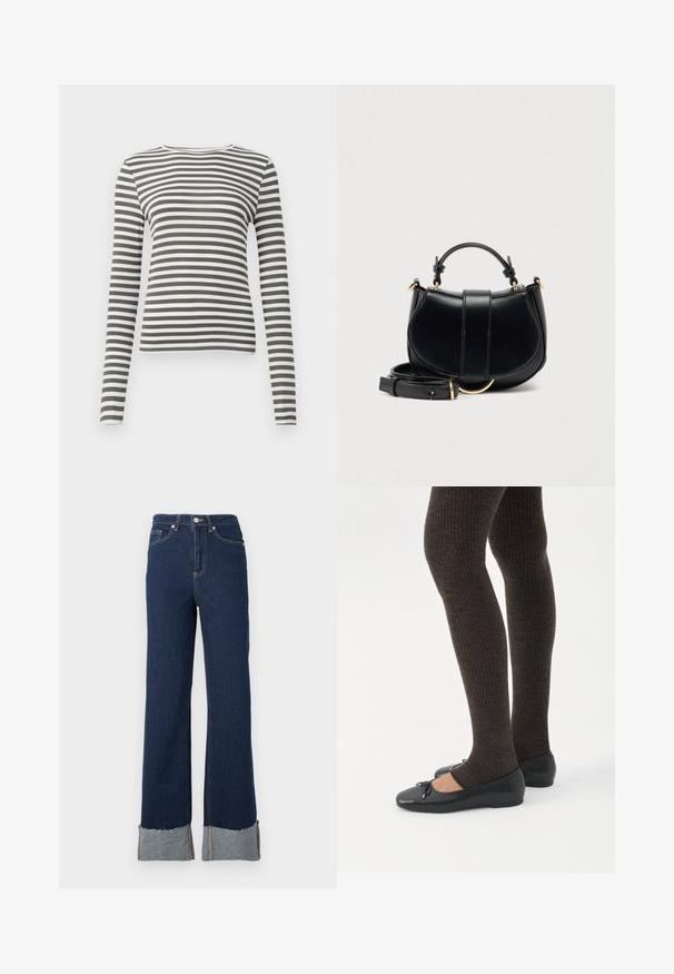 Langemouwige top in olijfgroen met witte strepen. Ribbelstructuur, ronde halslijn en aangesloten pasvorm. Geen zichtbare hardware of accenten.; Donkerblauwe denim flare jeans met een hoge taille, voorzien van een ruwe zoom en een lichtere denim manchet bij de enkels. Zilveren sluiting met knop.; Benen met donkere geribbelde leggings gecombineerd met zwarte ballerina's met kleine strikdetails op een witte achtergrond.; Zwarte leren handtas met een gebogen silhouet, gouden accenten en een afneembare riem. Beschikt over een bovenhandvat en verticale naaddetails.