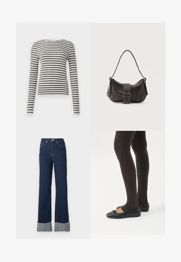 Langærmet top i olivengrøn og hvide striber. Ribbet tekstur, rund halsudskæring og tætsiddende pasform. Ingen synlige metaldele eller accenter.; Mørkeblå denim flare jeans med høj talje, med rå kant og lettere denimopstykkede detaljer ved anklerne. Sølvknaplukning.; Ben iført mørke ribbede leggings kombineret med sorte balletsko med små sløjfedetaljer på hvid baggrund.; Sort læder skuldertaske med spænde på remmen, afrundede kanter og kontrasterende hvide syninger på en ensfarvet baggrund.