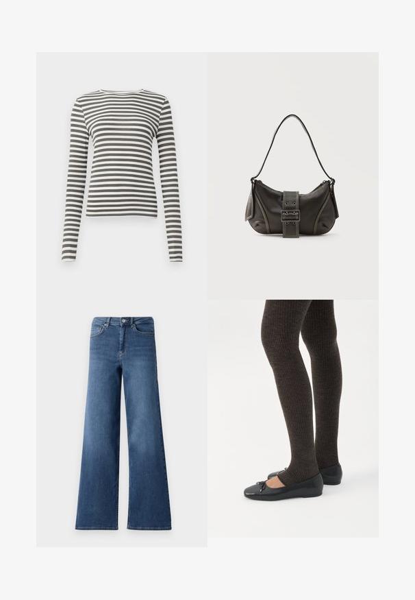Langemouwige top in olijfgroen met witte strepen. Ribbelstructuur, ronde halslijn en aangesloten pasvorm. Geen zichtbare hardware of accenten.; Bredere blauwe denim jeans met een standaard tailleband, steekzakken en een gladde textuur. Geen zichtbare patronen of versieringen.; Benen met donkere geribbelde leggings gecombineerd met zwarte ballerina's met kleine strikdetails op een witte achtergrond.; Zwarte leren schoudertas met gespsluiting aan de riem, afgeronde hoeken en contrasterende witte stiksels op een effen achtergrond.