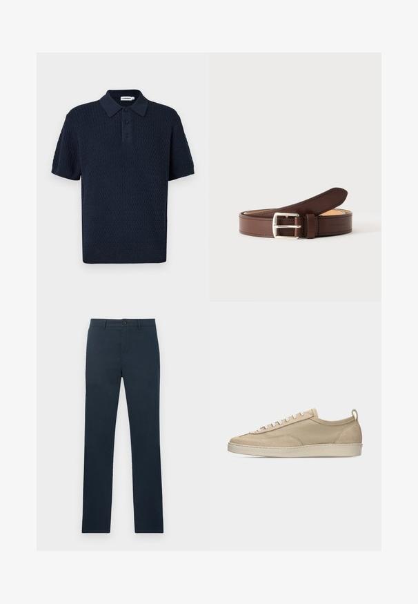 Polo texturé bleu marine à manches courtes avec patte de boutonnage trois boutons et col et poignets côtelés.; Pantalon bleu marine coupe slim avec passants de ceinture, fermeture par bouton et devant plat, présenté sur un fond clair uni.; Baskets beige basses avec tige en tissu et daim, lacets blancs, semelle en caoutchouc et languette à l'arrière, présentées en profil latéral sur fond blanc.; Ceinture en cuir marron avec boucle rectangulaire argentée enroulée sur un fond gris clair, montrant une couture détaillée le long des bords.
