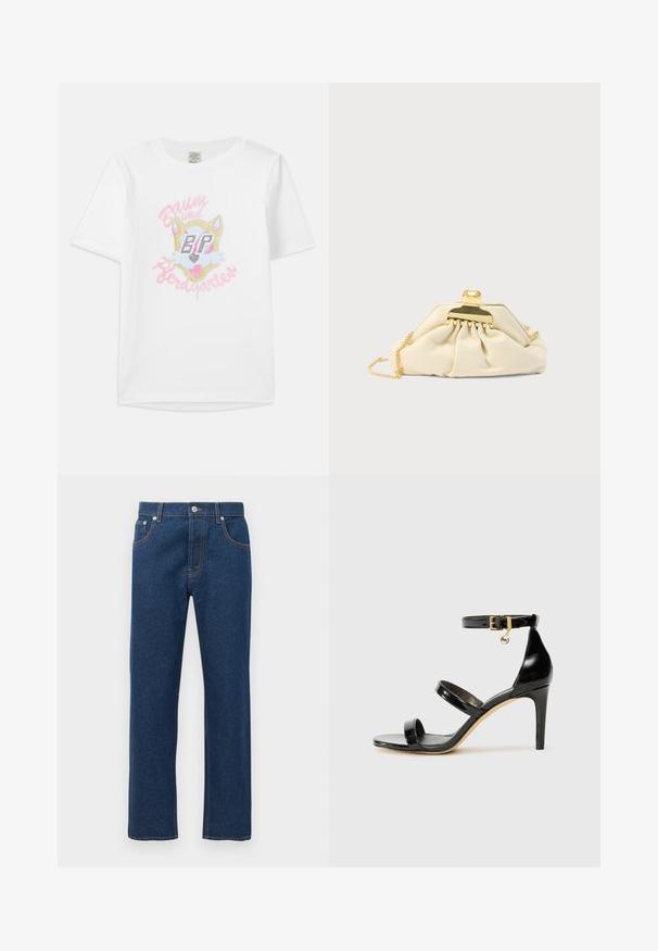Weißes Baumwoll-T-Shirt mit einem Cartoon-Fuchs-Design in Pinktönen und dem Text "Baum und Pferdgarten" in stilisierter Schrift.; Gerade geschnittene, dunkelblaue Denim-Jeans mit Front- und Gesäßtaschen, Gürtelschlaufen, Knopfverschluss und sichtbaren orangefarbenen Nähten.; Schwarze Lackleder-Sandale mit drei Riemen, Knöchelriemen und 10 cm hohen Stiletto-Absatz. Verfügt über goldfarbene Hardware-Details und ein Logo-Charm.; Cremefarbene Clutch aus weichem Material mit einem goldfarbenen Verschluss und einer Kettenriemen, mit gerafftem Design am Körper.