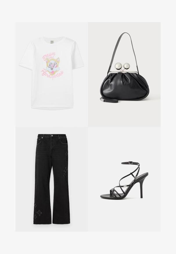 Weißes Baumwoll-T-Shirt mit einem Cartoon-Fuchs-Design in Pinktönen und dem Text "Baum und Pferdgarten" in stilisierter Schrift.; Schwarze Jeans aus Denim mit weitem Bein, versehen mit gestickten Kreuzmustern in einer helleren Farbe. Fünf-Taschen-Design und Knopfverschluss.; Schwarze High-Heel-Sandale mit dünnen Riemen, einem Knöchelverschluss, einer glatten Lederoberfläche und einem schlanken Stiletto-Absatz.; Schwarze Ledertasche mit gerafftem Design, einem einzelnen Riemen, silbernem Metallrahmen und zwei großen runden silbernen Verschlüssen.
