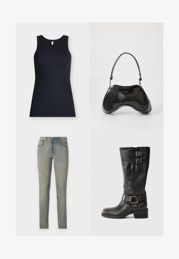 Zwarte mouwloze geribbelde tanktop met ronde hals, plat gelegd tegen een lichte achtergrond.; Skinny jeans in lichtblauwe denim, met een rits aan de voorkant, vijf zakken en een vervaagde wassingen met subtiele kleurvariaties.; Zwarte leren laars tot halverwege de kuit met twee zilveren gespen bij de bovenkant en een decoratieve riem met een metalen ring rond de enkel, blokhak.; Zwarte gepatenteerde leren handtas met een unieke gebogen vorm, korte verstelbare handgreep en een ritsopening. Glad uiterlijk met subtiele branding.