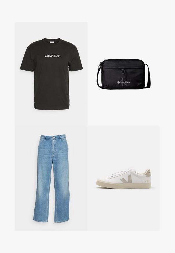 Μαύρο βαμβακερό t-shirt με στρογγυλή λαιμόκοψη και κοντά μανίκια, με το λογότυπο "Calvin Klein" εκτυπωμένο σε λευκό μπροστά.; Φωτεινά μπλε φαρδιά τζιν φτιαγμένα από τζιν ύφασμα. Έχουν ψηλή μέση, κλείσιμο με κουμπί και τυπικό σχέδιο πέντε τσεπών. Λείος υφασμάτινος χαρακτήρας.; Λευκό δερμάτινο αθλητικό παπούτσι με μπεζ λεπτομέρειες, επίπεδη καουτσούκ σόλα, στρογγυλή μύτη και αντίθετο λογότυπο στο πλάι και πίσω. Σχεδίαση με κορδόνια.; Μαύρη τσάντα ώμου Calvin Klein με μπροστινή τσέπη με φερμουάρ και ρυθμιζόμενο ιμάντα, με κεντημένο λογότυπο και μικρό υφασμάτινο βρόχο πάνω από την τσέπη.
