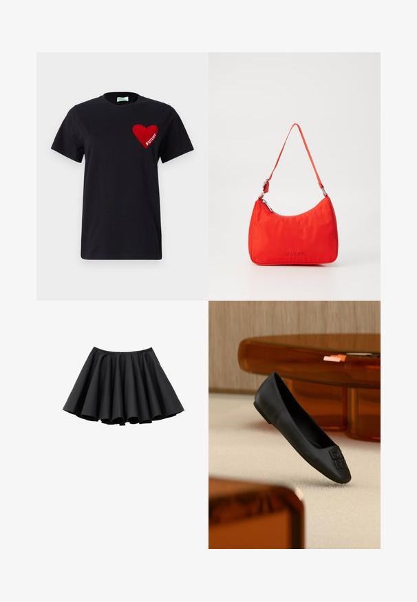 T-shirt en coton noir avec un graphique de cœur rouge contenant le mot "FUTURE" à l'intérieur, col rond et manches courtes.; Mini-jupe noire évasée avec de larges plis et une taille ajustée, présentée sur fond blanc.; Chaussure plate en cuir noir avec des lettres embossées sur l'avant, posée sur un tapis beige avec en arrière-plan un mobilier transparent marron.; Sac à main en nylon rouge avec une silhouette courbée, une seule anse, des accessoires en métal argenté et un logo embossé à l'avant. Texture lisse.