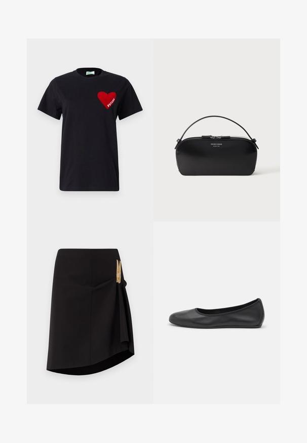 Μαύρο βαμβακερό t-shirt με γραφικό κόκκινης καρδιάς που έχει τη λέξη "ΜΕΛΛΟΝ" μέσα, με στρογγυλή λαιμόκοψη και κοντά μανίκια.; Μαύρη φούστα περιτυλίγματος με διαγώνια κόψη, λεία υφή και χρυσό διακοσμητικό κούμπωμα στο πλάι. Απλός και εφαρμοστός σχεδιασμός.; Μαύρο δερμάτινο μπαλαρίνι με στρογγυλή μύτη, λεία υφή, ελάχιστες λεπτομέρειες ραφής και σχεδίαση ευέλικτης σόλας.; Μαύρο δερμάτινο τσαντάκι χειρός με ασημένιο φερμουάρ και κοντή λαβή, με ανάγλυφο λογότυπο Emporio Armani Milano 1981 στο μπροστινό μέρος.
