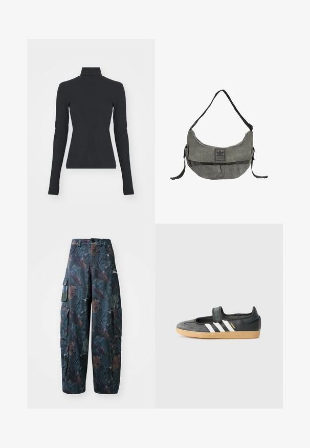 Sort ribbet turtle neck bluse med lange ærmer, tætsiddende pasform, glat tekstur og subtil stræk, designet til komfort og lagdeling.; Camo cargo bukser i mørkegrøn og brun, med flere lommer og en løs pasform, lavet af letvægtigt, holdbart stof.; Sort læder- og ruskinds sneakers med en Velcro-rem, der har tre hvide striber og en gummisål, mærket "SAMBA" på siden.; Grå stof Adidas skuldertaske med sort justerbar rem og frontklap med Adidas-logo.