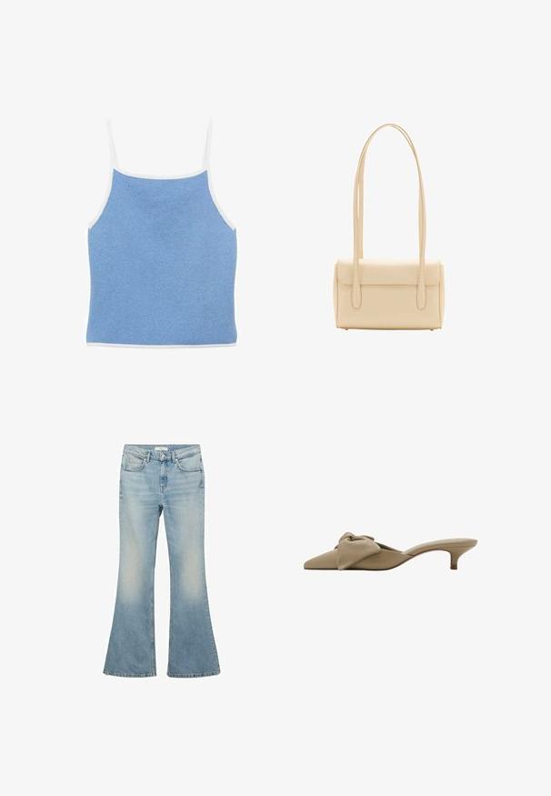 Lyseblå strikket tanktop med hvid kant, der har tynde skulderstropper og en tætsiddende design med en glat, tekstureret overflade.; Lyseblå bugede jeans lavet af denim, med en falmet vask, fem lommer og en lynlås-lukning. Klassisk design med brede ben.; Beige mule med spids tå, lav kattehæl og stor blød sløjfe på toppen, designet til damemode.; Beige rektangulær skuldertaske med lange dobbelte stropper og klaplukning, vist mod en hvid baggrund.