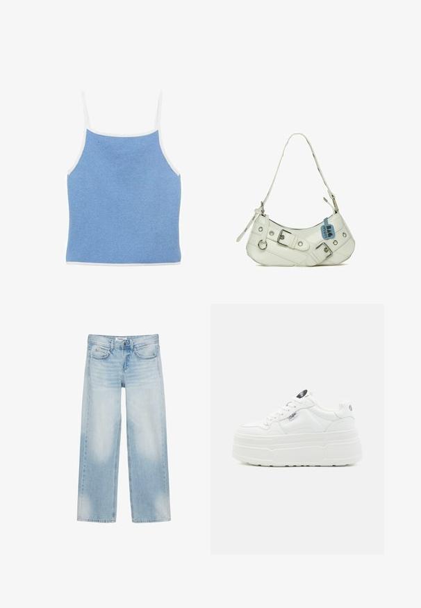 Lyseblå strikket tanktop med hvid kant, der har tynde skulderstropper og en tætsiddende design med en glat, tekstureret overflade.; Lyseblå jeans med vide ben, fem lommer, bæltestropper, knaplukning og diskret farvefade på forreste lår og knæ.; Hvide platform sneakers med en glat syntetisk overflade, rund tå, polstret krave og tekstureret sål. Har et kontrasterende logo-tag.; Hvid syntetisk håndtaske med en buet silhuet, justerbar rem, dekorativ spænde, sølv hardware og et blåt mærke fastgjort.