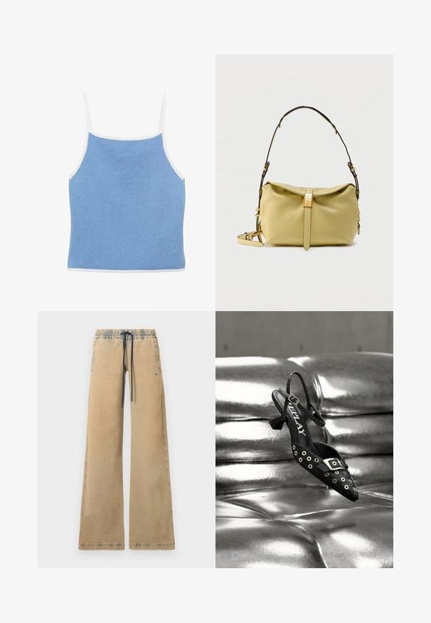 Lyseblå strikket tanktop med hvid kant, der har tynde skulderstropper og en tætsiddende design med en glat, tekstureret overflade.; Beige viddebenede bukser med elastisk talje, blå snor og sidelommer. Har kontrastsyning og en let falmet struktur.; Sort slingback-sko med spids tå, forsynet med sølvøjer og en spænde-detalje. Fremstillet af tekstureret materiale med en lille blokhæl.; Limegrøn syntetisk håndtaske med en struktureret form, en gylden dekorativ lås og sort justerbar skulderrem. Har sidedetaljer.