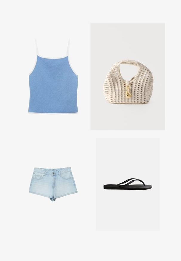 Lyseblå strikket tanktop med hvid kant, der har tynde skulderstropper og en tætsiddende design med en glat, tekstureret overflade.; Lyseblå denimshorts med knap foran, lynlås, bæltestropper og fem lommer, lagt fladt på en hvid baggrund.; Sort gummiflip-flop sandal med tekstureret fodseng og tynde Y-formede remme på en ensartet hvid baggrund.; Kremfarvet vævet håndtaske med rund form, kort håndtag og dekorativ guldfarvet lås hængende foran i midten.