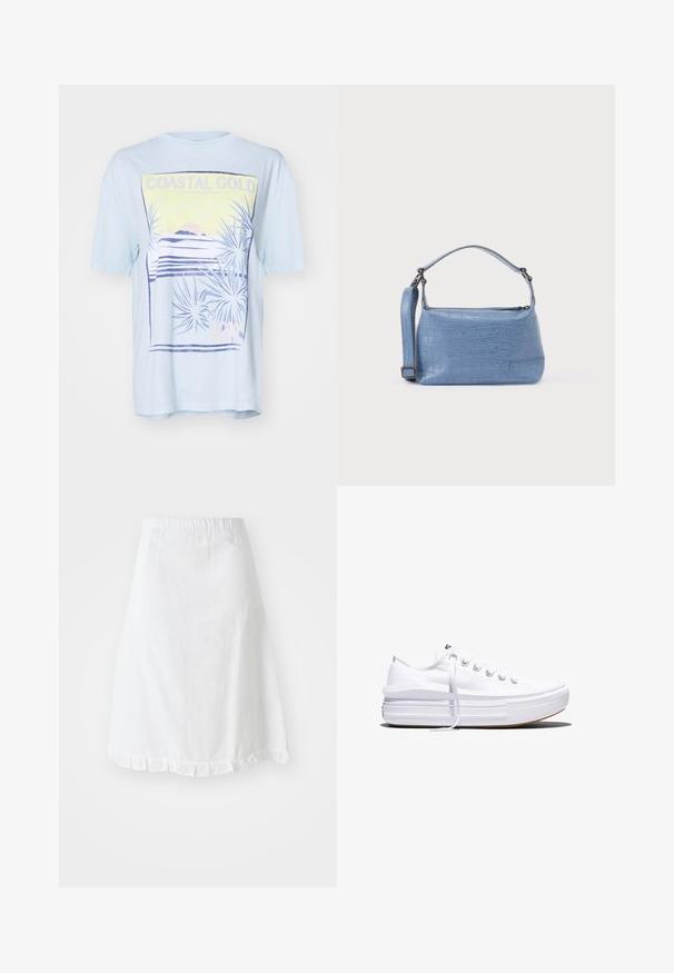 T-shirt bleu clair à manches courtes avec un imprimé graphique côtier représentant des feuilles de palmier, des montagnes et le texte 'COASTAL GOLD' en jaune et violet.; Jupe blanche avec taille élastique, présentant un motif texturé et un ourlet festonné en bas. Design simple en A.; Baskets basses blanches en toile avec semelle plateforme épaisse, lacets sur le devant et embout en caoutchouc texturé, vues de profil.; Sac à main bleu clair embossé façon crocodile avec une poignée courte et une bandoulière amovible. Texture lisse avec une fermeture éclair.