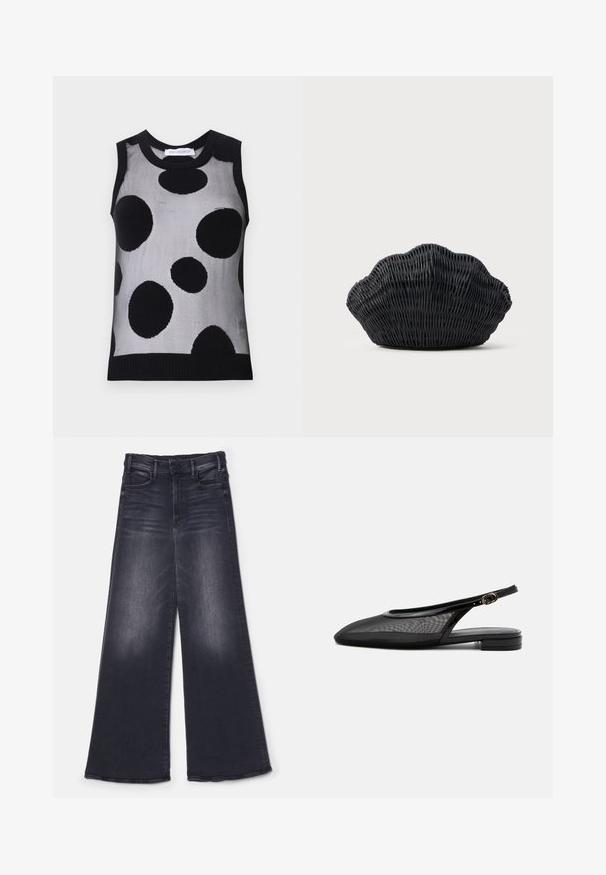 Haut en tricot sans manches noir et gris avec de grands pois noirs sur un fond gris clair. Encolure et ourlet côtelés.; Mother THE HUSTLER ROLLER SNEAK - Wide Leg - not today satan; Chaussure plate noire à bride arrière, bout pointu, tige en mesh, bride à boucle réglable et petit talon empilé sur fond blanc.; Sac à main en osier noir en forme de coquille Saint-Jacques avec un dessus courbé et une texture tressée sur un fond uni.