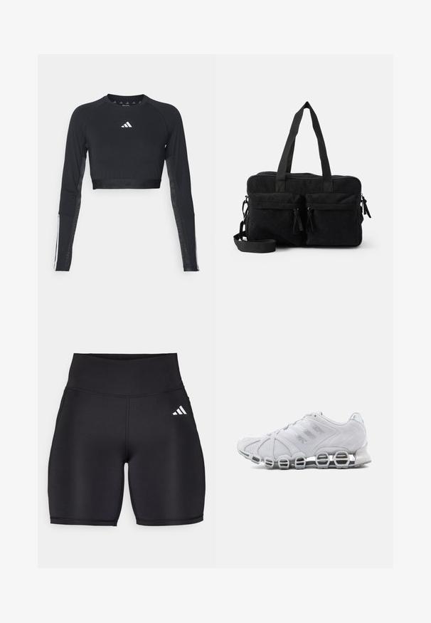 Sort cropped træningstop med lange ærmer lavet af glat stof. Har et hvidt logo på brystet og stribede detaljer på ærmerne.; Sorte atletiske shorts lavet af strækbart stof, med en høj talje, en glat tekstur og et hvidt tre-stribe logo på siden.; Hvide atletiksko med mesh-overdel, ruskindsdetaljer og en polstret sål med boble-lignende elementer. Reflekterende detaljer forbedrer designet.; Sort corduroy taske med to top hanke, aftagelig skulderrem, to frontlommer med frynseforynede lynlåse og ribbet tekstur.