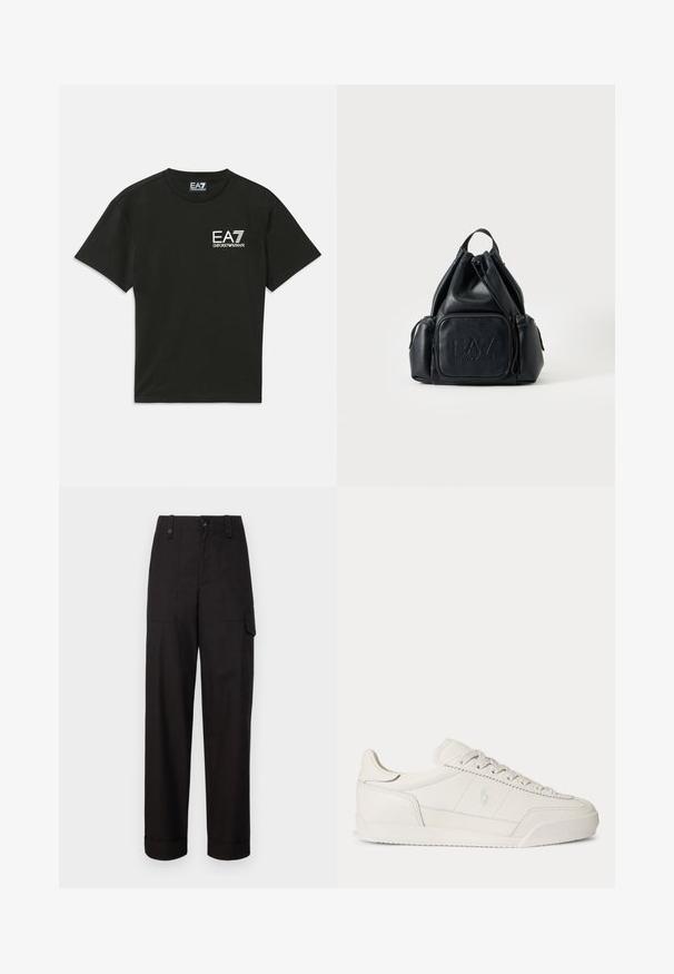 Camiseta negra de manga corta con logo blanco "EA7 Emporio Armani" en el lado izquierdo del pecho y etiqueta de cuello a juego.; Pantalones cargo de algodón negros con un corte recto, que cuentan con dos bolsillos laterales y puños doblados. Cierre con botón y cremallera en la parte frontal.; Zapatilla blanca de piel de caña baja con cordones, suela texturizada y logo sutil en el lateral, mostrada de perfil sobre un fondo liso.; Mochila negra de cuero con cordón, con bolsillos delanteros y laterales con cremallera, con el logo "EA7 Emporio Armani" en relieve en el bolsillo delantero.