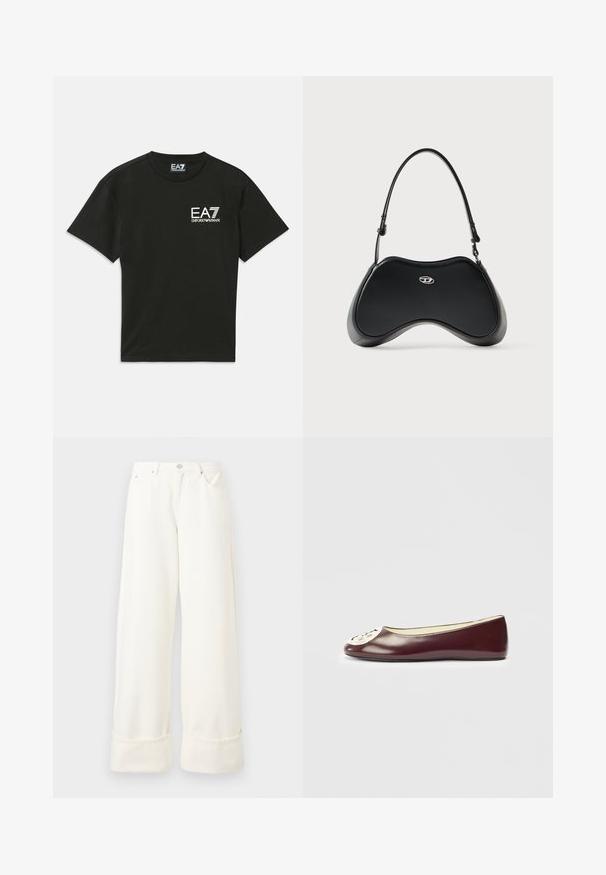 Camiseta negra de manga corta con logo blanco "EA7 Emporio Armani" en el lado izquierdo del pecho y etiqueta de cuello a juego.; Vaqueros blancos de mezclilla de talle alto y pierna ancha con dobladillos remangados, trabillas para cinturón, cierre con botón frontal y cremallera, y bolsillos laterales y traseros.; Bailarinas de charol burdeos con punta redondeada, que presentan un emblema dorado en la punta, textura suave y diseño de bajo perfil.; Bolso de mano de cuero sintético negro con una forma curva única, asa corta y un detalle de logo plateado en el frente. Textura suave, diseño minimalista.