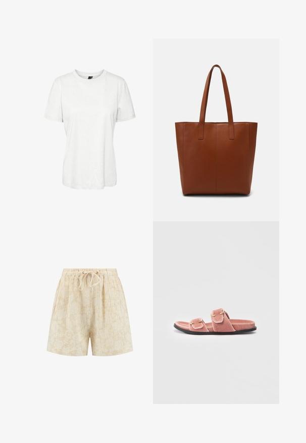 Hvid kortærmet t-shirt lavet af bomuld med rund halsudskæring og afslappet pasform. Glat tekstur og ingen synlige mønstre eller dekorationer.; Lys beige shorts med blomstermønster, elastisk talje, justerbar snor og et tekstureret stof for komfort og stil.; Rosa fløjls slip-on sandal med to justerbare guldbuckles og sort flad sål foran en hvid baggrund.; Brun læder tote taske med en glat tekstur, lodrette søm-detaljer og to flade håndtag. Åben topdesign, rummeligt interiør.