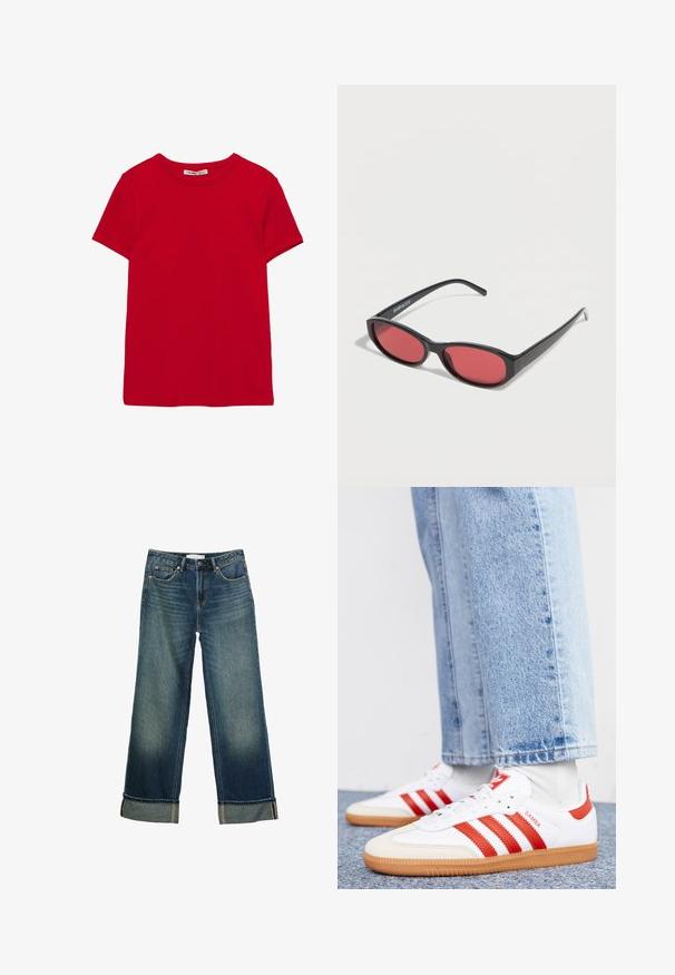 T-shirt rouge à manches courtes et col rond, design uni, étiquette au niveau du col, présenté à plat sur fond blanc.; Jean large bleu délavé avec ourlets retroussés, fermeture devant par boutons et zip, et design cinq poches.; Baskets en cuir blanc avec des rayures et des accents rouges. Dotées d'une semelle extérieure en gomme texturée et d'un col rembourré. Portées avec un jean en denim bleu clair.; Lunettes de soleil ovales noires avec des branches fines et des verres teintés rouges posées sur une surface blanche.