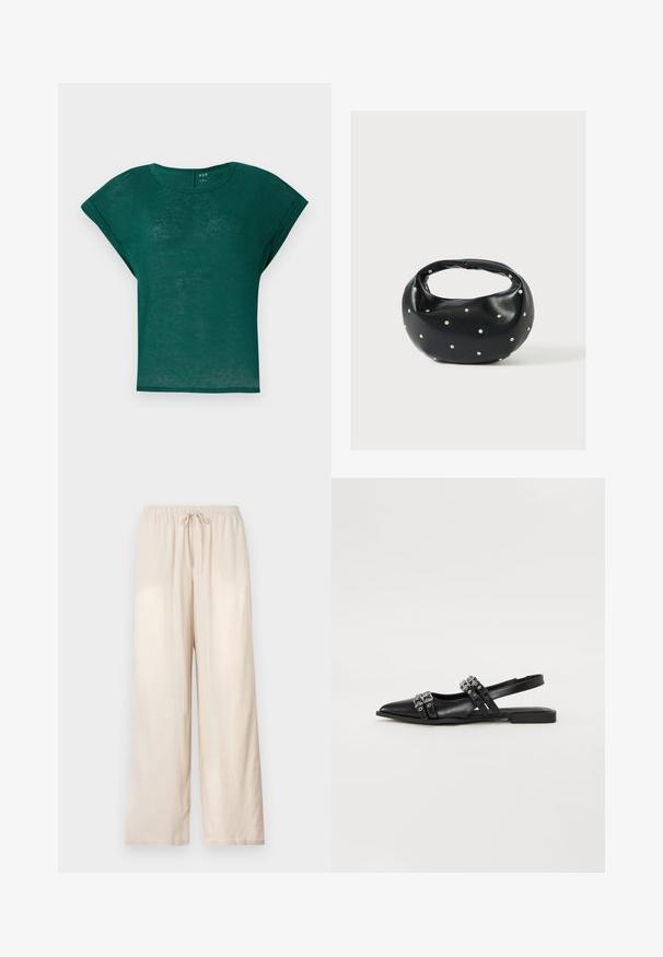 Chemise courte à manches courtes de couleur vert canard avec un col rond et une coupe décontractée. Tissu doux et léger avec une texture légèrement transparente.; Pantalon beige à coupe ample avec taille élastique et cordon de serrage à l'avant, jambes droites, présenté sur un fond clair uni.; Even&Odd by Zalando Ballerines à brides arrière - black; Sac à main en cuir noir de forme arrondie, décoré de clous argentés et équipé d'une poignée courte. Texture lisse et fermeture éclair.