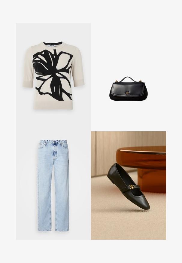 DKNY GRAFFITI FLORAL - Trükipildiga T-särk - light city khaki/black; Heledad sinise värvi laiad teksad, mis on valmistatud denimist, kõrge vöökoht, pleekinud pesu ja peen tie-dye muster ettepoole.; Mustast nahast madala kontsaga king, millel on terav nina ja kuldne CK logo rihmal, asetatud beežile vaibale ümber ümmarguse merevaigukarva pruunist laua lähedal.; Mustast nahast käekott väikese sangaga, esiklapil kuldse "cK" logoga ja kuldsete metallesemete aksentidega.