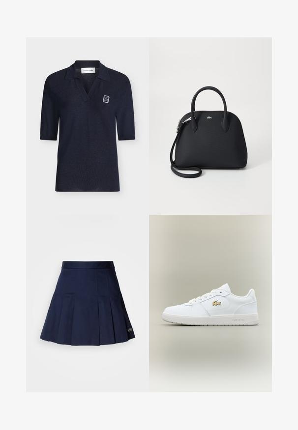 Polo bleu marine à manches courtes avec col, encolure dégagée et petit écusson blanc rectangulaire sur la poitrine gauche.; Jupe plissée bleu marine avec une taille ajustée, fabriquée à partir d'un tissu lisse. Présente un petit logo Lacoste sur l'ourlet.; Baskets en cuir blanc avec un design basse, bout arrondi, fermeture à lacets et un accent du logo doré Lacoste sur le côté.; Sac à main noir en matériau texturé, doté de deux poignées supérieures et d'une bandoulière amovible, avec un accent logo en argent.