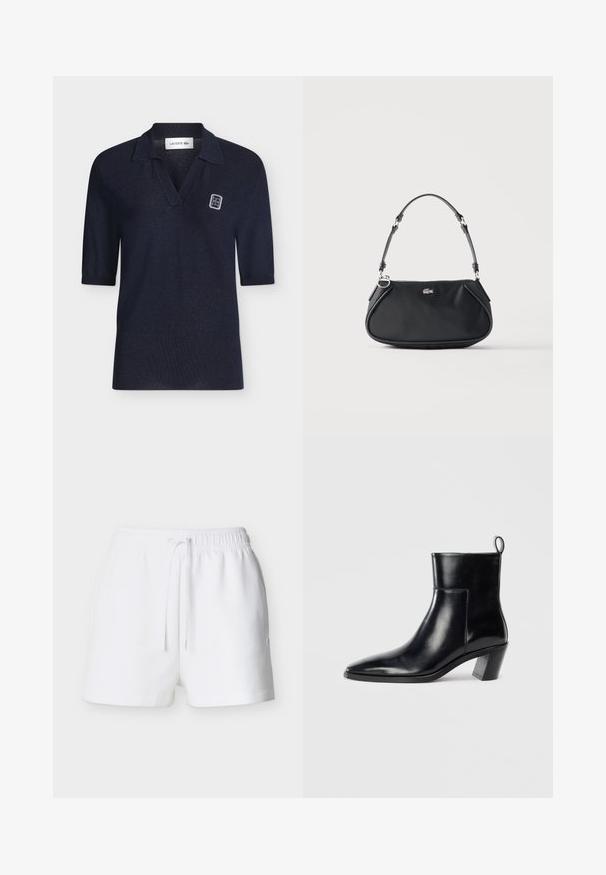 Polo bleu marine à manches courtes avec col, encolure dégagée et petit écusson blanc rectangulaire sur la poitrine gauche.; Shorts à taille élastique blanche avec cordon de serrage, ourlet droit et petit logo sur le côté droit.; Bottine en cuir noir avec un bout pointu, un talon empilé géométrique et une languette à l'arrière. Texture lisse et design épuré.; Sac d'épaule noir avec sangle réglable, fermeture éclair et petit logo crocodile argenté au centre devant.