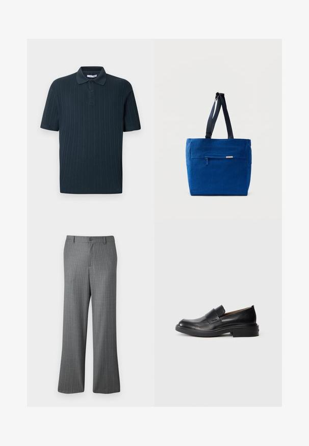 Polo de manga corta azul marino con textura acanalada, con cuello de solapa y tapeta de tres botones.; Pantalones de rayas grises con un ajuste relajado, que presentan un cierre de botón, pasadores para cinturón y sutiles rayas azul claro en toda su superficie.; Zapato de vestir negro de cuero sin cordones con tacón bajo y un sutil logo de Calvin Klein en el lateral, mostrado en perfil sobre un fondo blanco.; Bolsa de lona azul con un bolsillo frontal con cremallera, correas dobles para el hombro y forma rectangular. Cuenta con una etiqueta de marca sutil.
