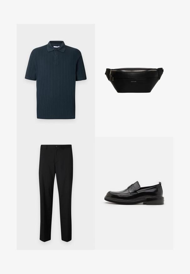 Donkerblauw poloshirt met korte mouwen en een geribbelde structuur, voorzien van een kraag en een drieknopsbies.; Zwarte op maat gemaakte broek met een platte voorkant, standaard taille en rechte pijpen. Gemaakt van een gladde stof, met een enkele knoopsluiting.; Calvin Klein MOCCASIN - Zakelijke loafers - black; Zwarte leren Calvin Klein heuptas met zilveren rits en verstelbare band, minimalistisch logo vooraan in het midden.