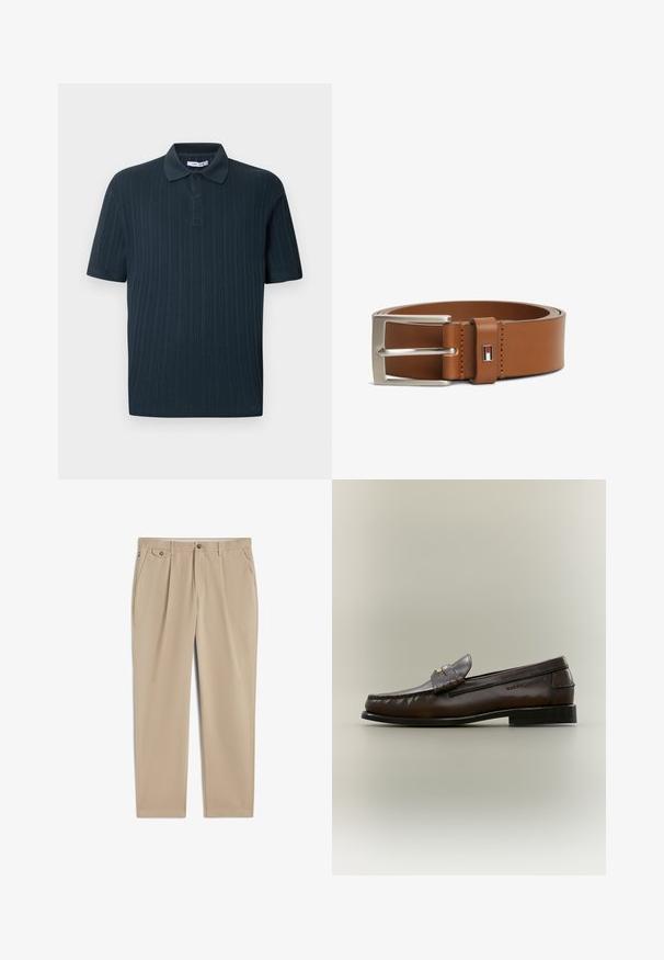 Donkerblauw poloshirt met korte mouwen en een geribbelde structuur, voorzien van een kraag en een drieknopsbies.; Beige rechte broek met riemlussen, knoop- en ritssluiting aan de voorkant, zijzakken en geplooide details bij de tailleband.; Donkerbruine leren loafer met een lage zwarte hak, moccasinnaad en een decoratieve band over de bovenkant.; Bruine leren riem met zilverkleurige rechthoekige gesp en klein rechthoekig logolabel met rood, wit en zwart ontwerp vlak bij de gesp.