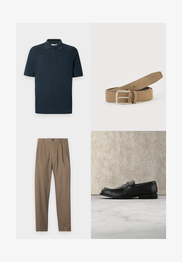 Mørkeblå kortærmet poloshirt med ribbet tekstur, der har en krave og slidse med tre knapper.; Brune plisserede bukser lavet af blødt stof, med lynlås og knaplukning foran, lige ben-design og glat overflade.; Sort læderloafer med metalbrandskilt hvilende nær et brunt rundt bord på beige tæppe.; Lysebrunt ruskindsbælte med sølv metalspænde, rullet sammen og placeret på en hvid overflade.